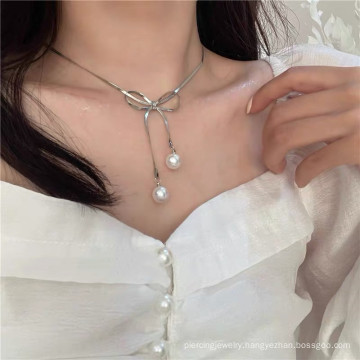 Bow knot pearl ins lovely design stainless steel high quality snake chain necklace jewelry